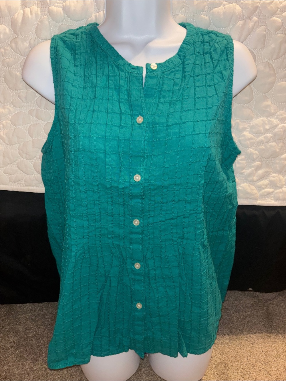 LOFT Teal Sleeveless Button-Front Textured Shell